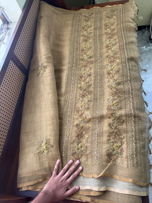 Premium Tissue Linen Sarees with heavy blouse - Henna Green