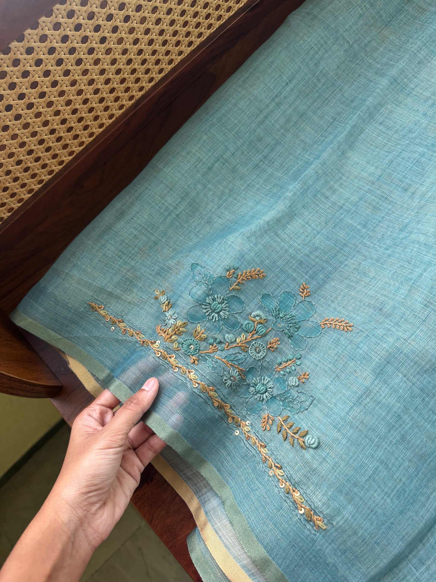 Premium Tissue Linen Sarees with heavy blouse - Blue