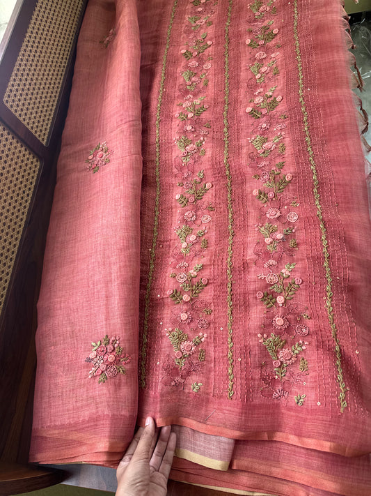 Premium Tissue Linen Sarees with heavy blouse - Peach