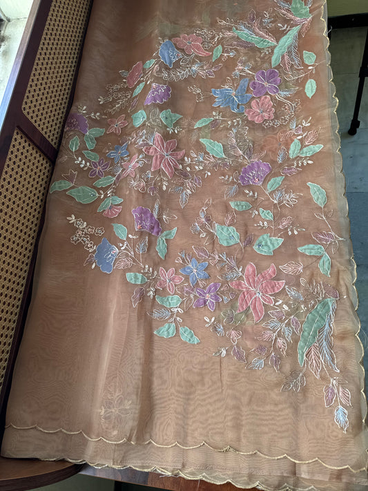 Tissue Organza Saree with appliqué work - Mustard