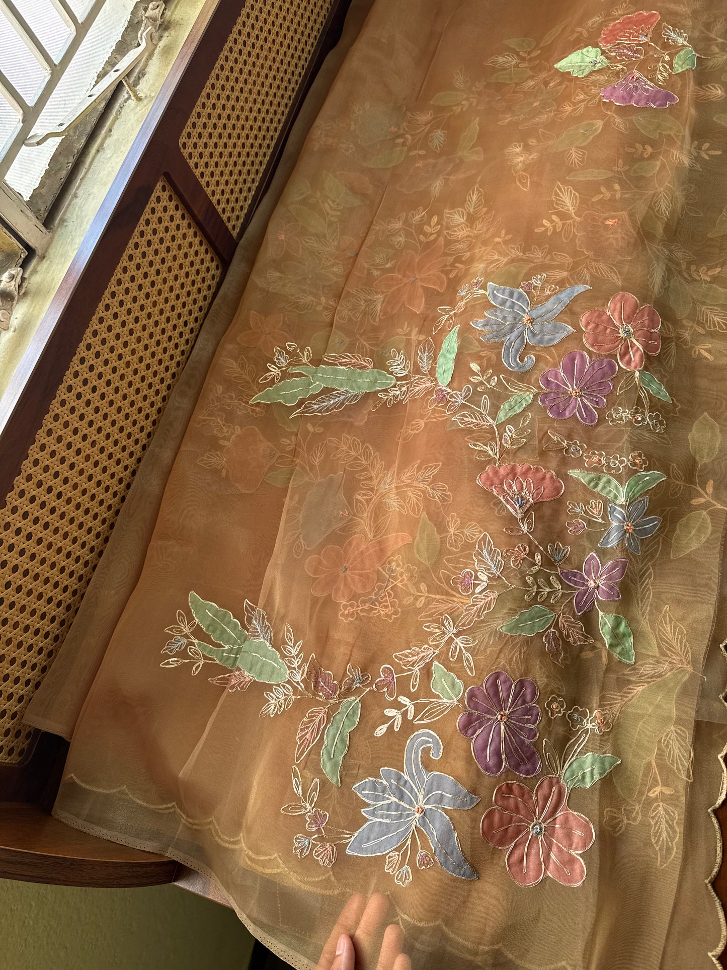 Tissue Organza Saree with appliqué work - Mustard