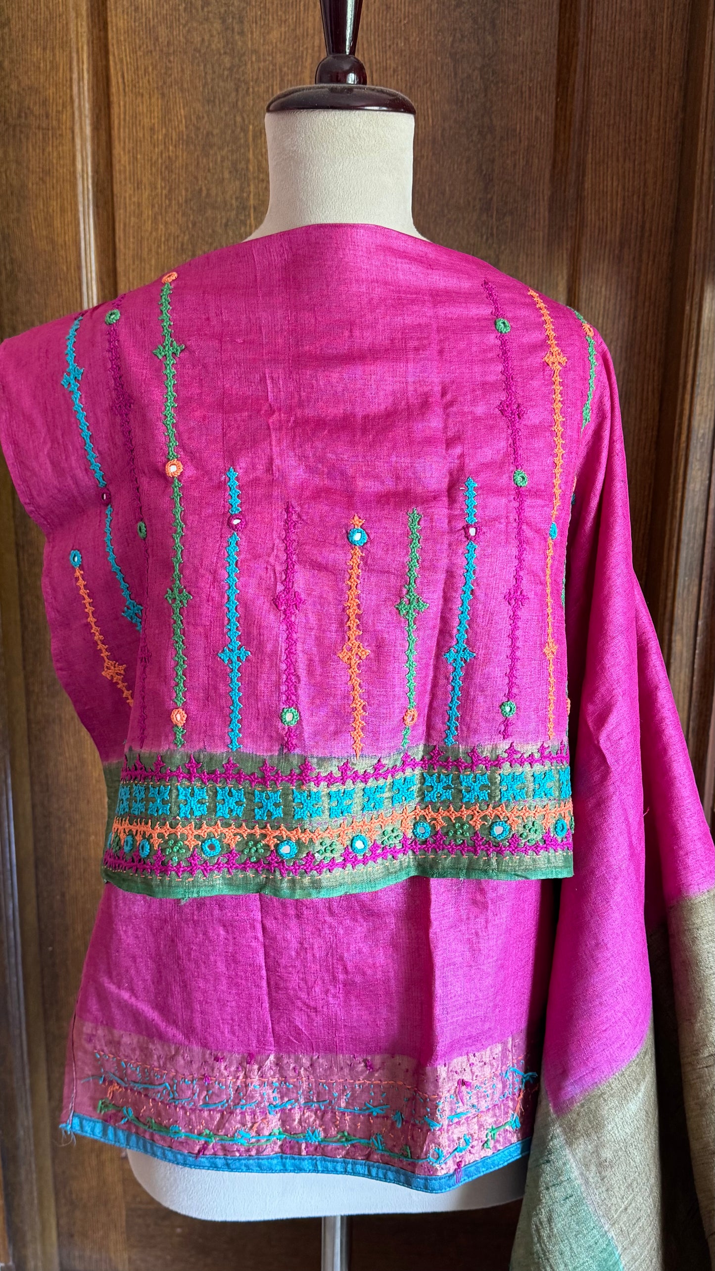 Hand Painted & Kutch Hand Embroidered Pure Tussar Silk Saree - Brown