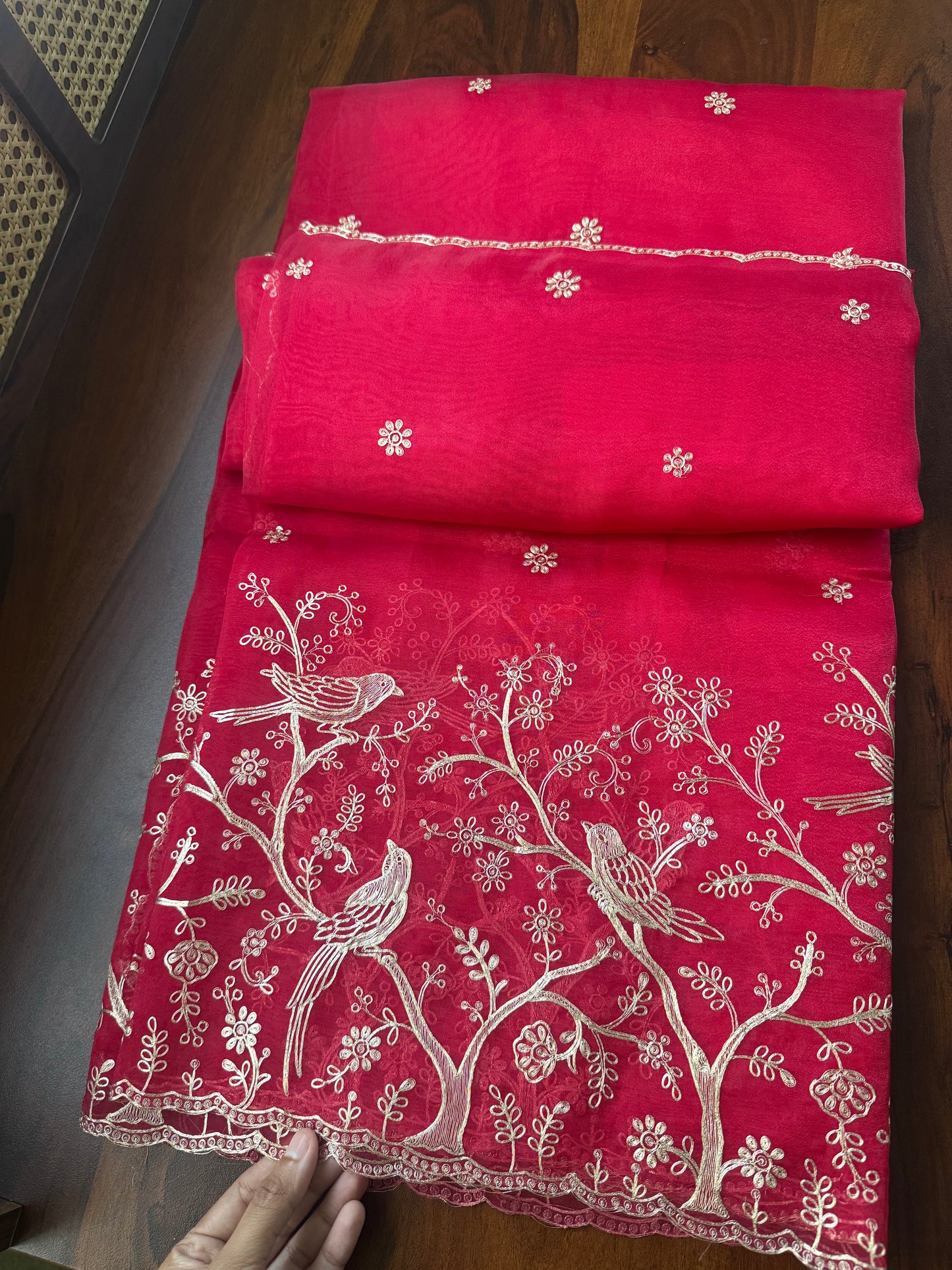 Tissue Organza Saree with pita work - Crimson Red