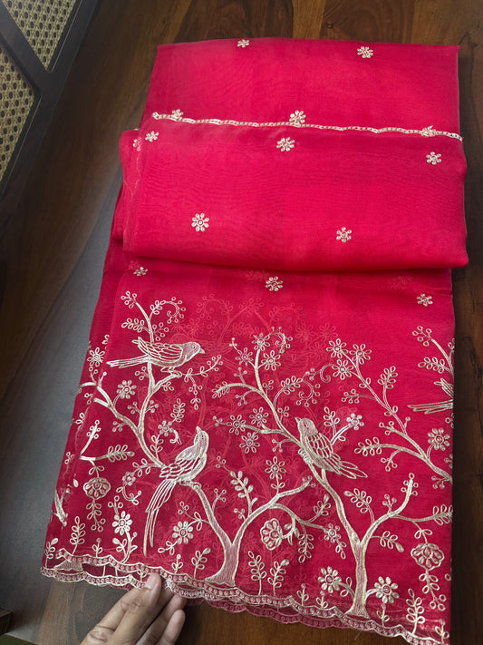 Tissue Organza Saree with pita work - Crimson Red