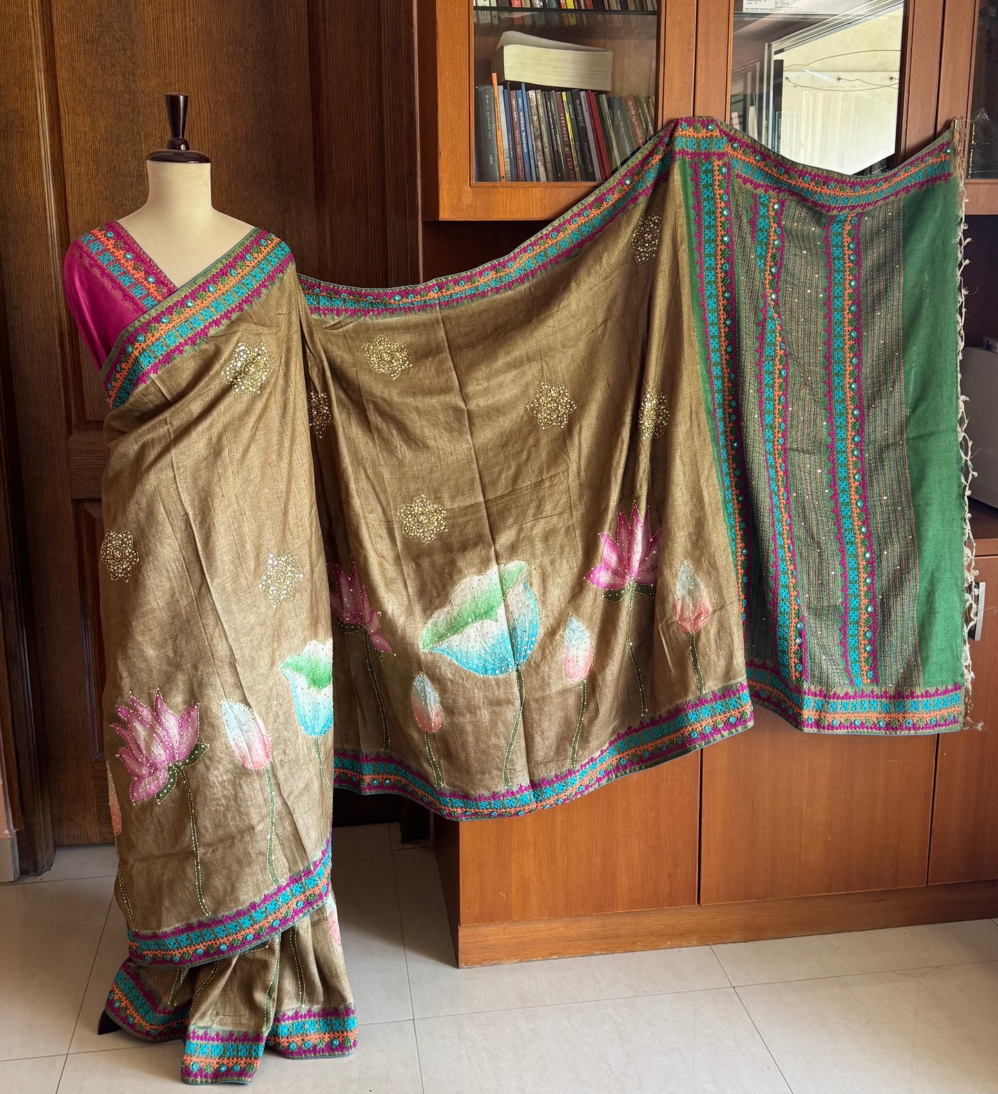 Hand Painted & Kutch Hand Embroidered Pure Tussar Silk Saree - Brown