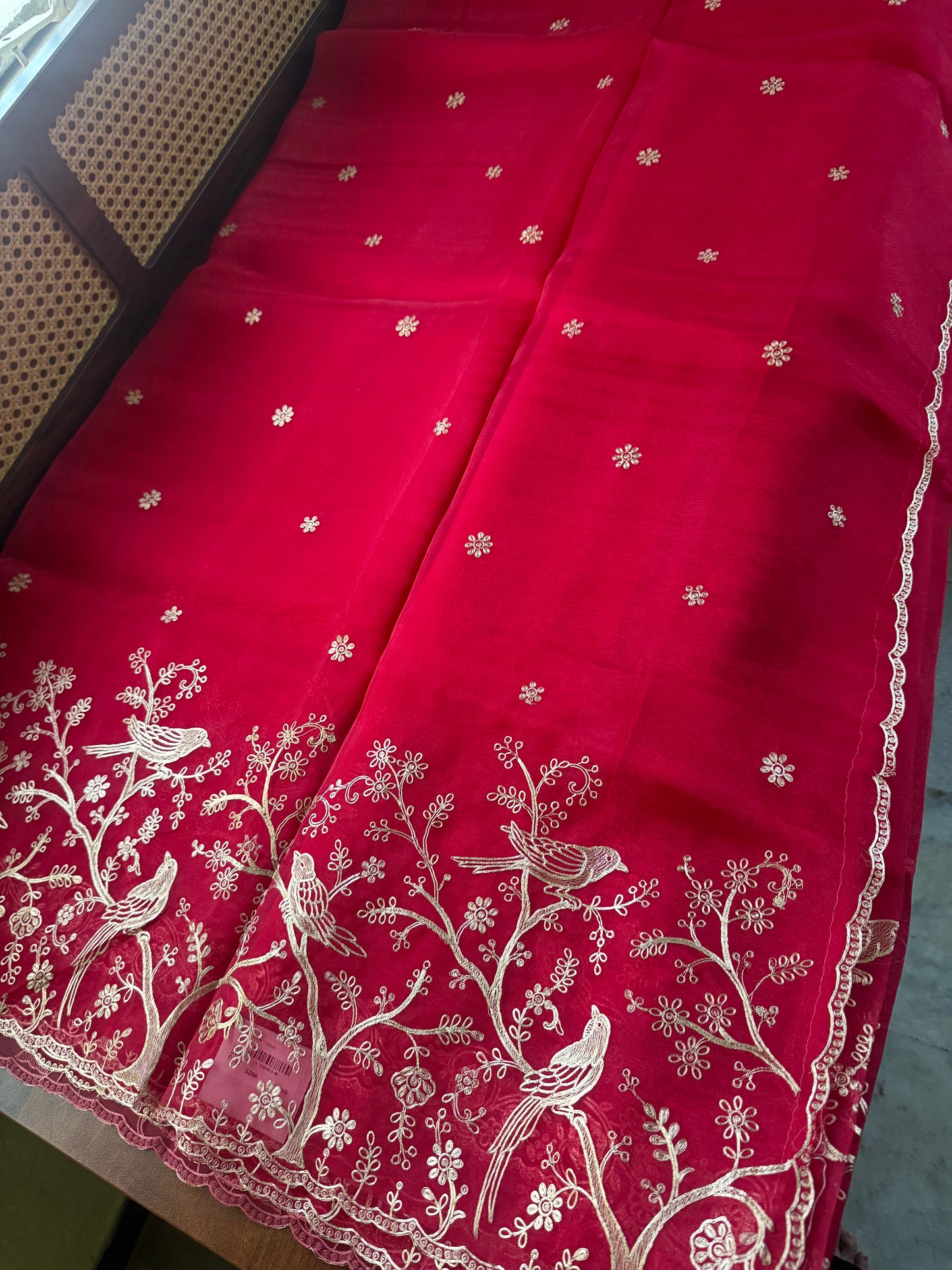 Tissue Organza Saree with pita work - Crimson Red