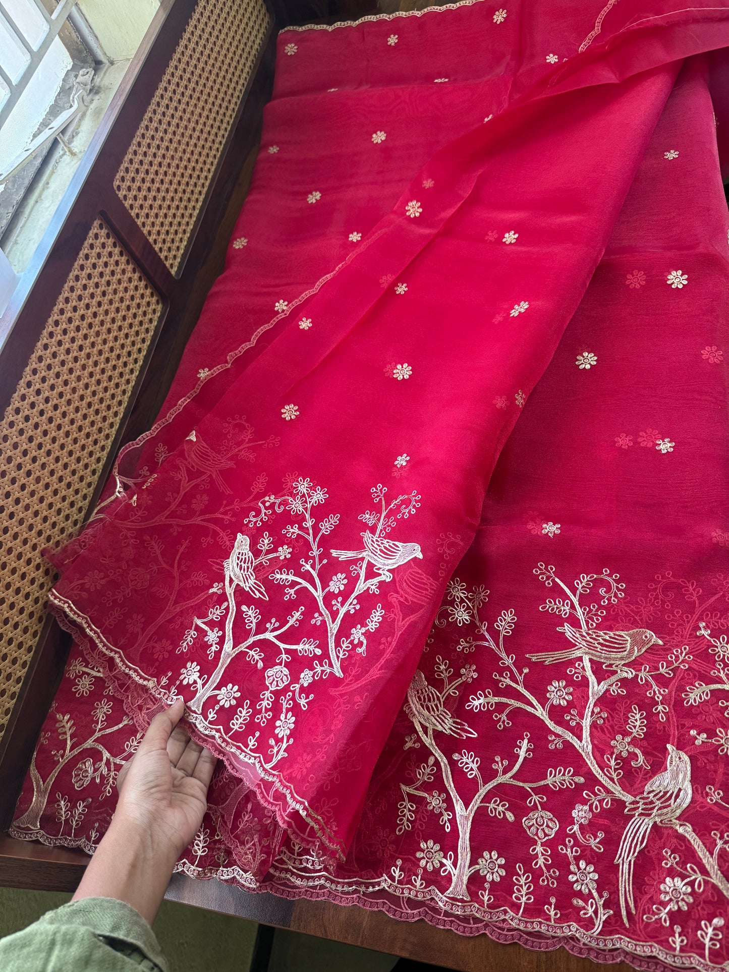 Tissue Organza Saree with pita work - Crimson Red