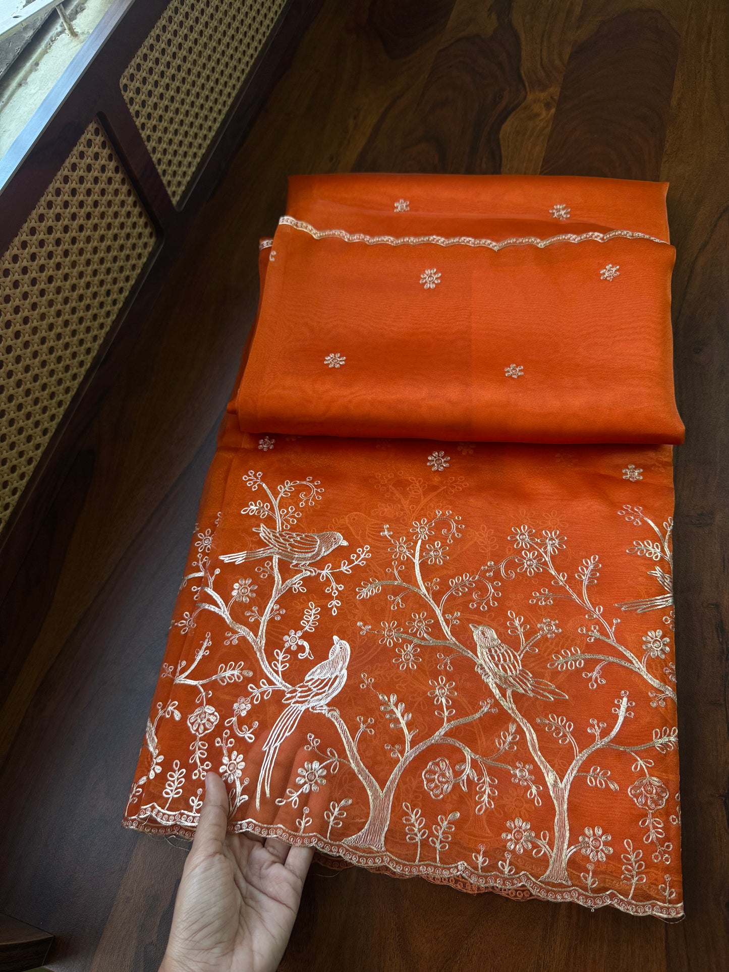 Tissue Organza Saree with pita work - Orange
