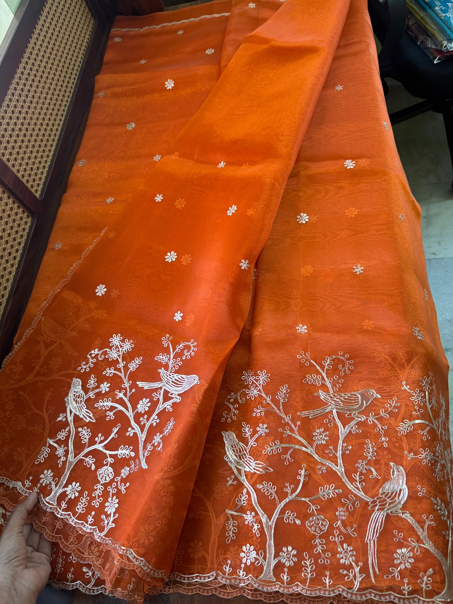 Tissue Organza Saree with pita work - Orange