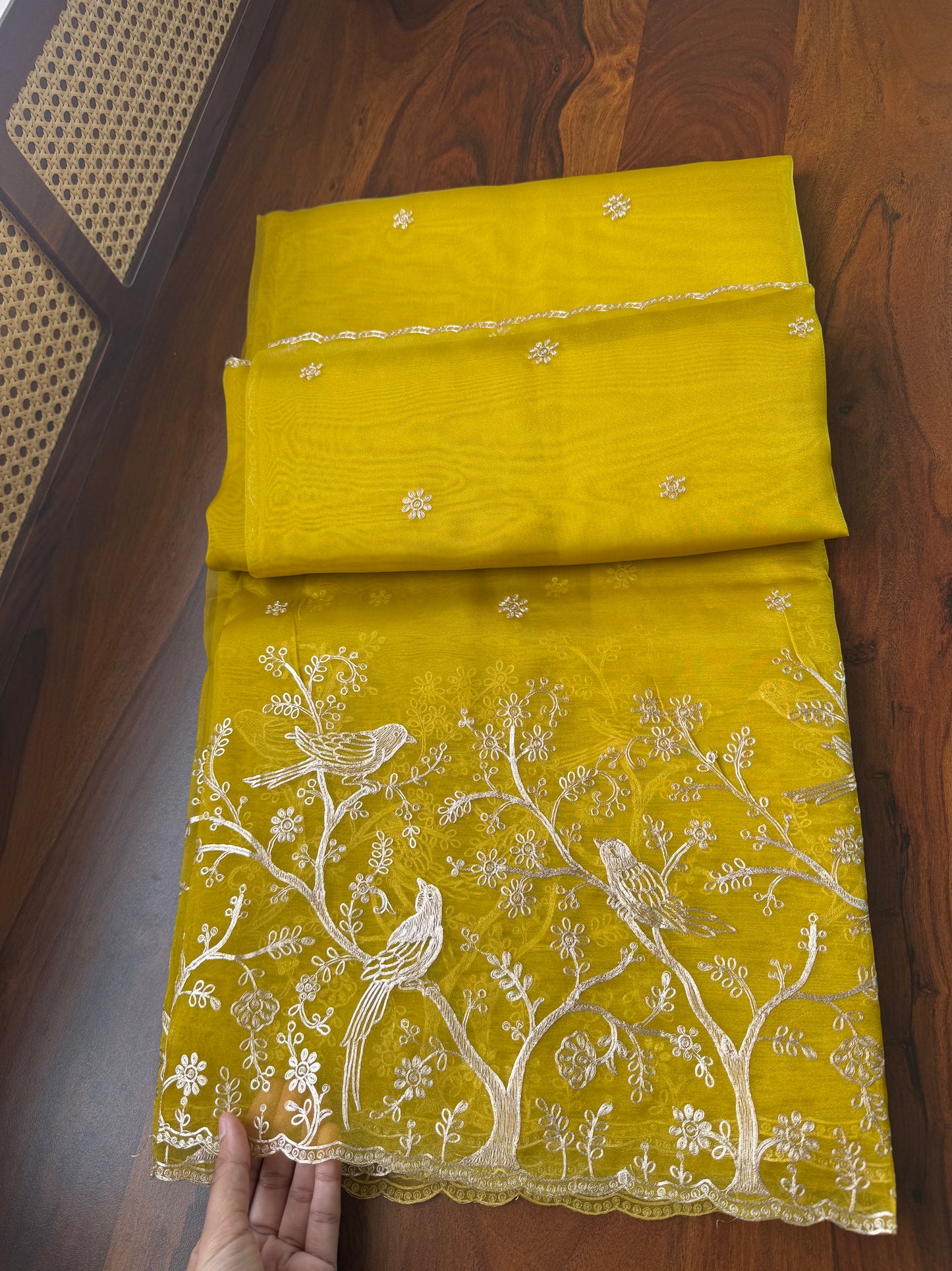 Tissue Organza Saree with pita work - Yellowish Green