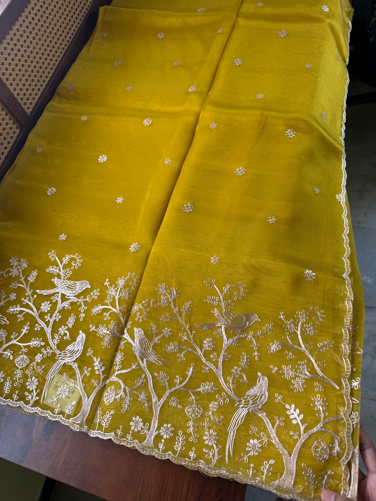 Tissue Organza Saree with pita work - Yellowish Green