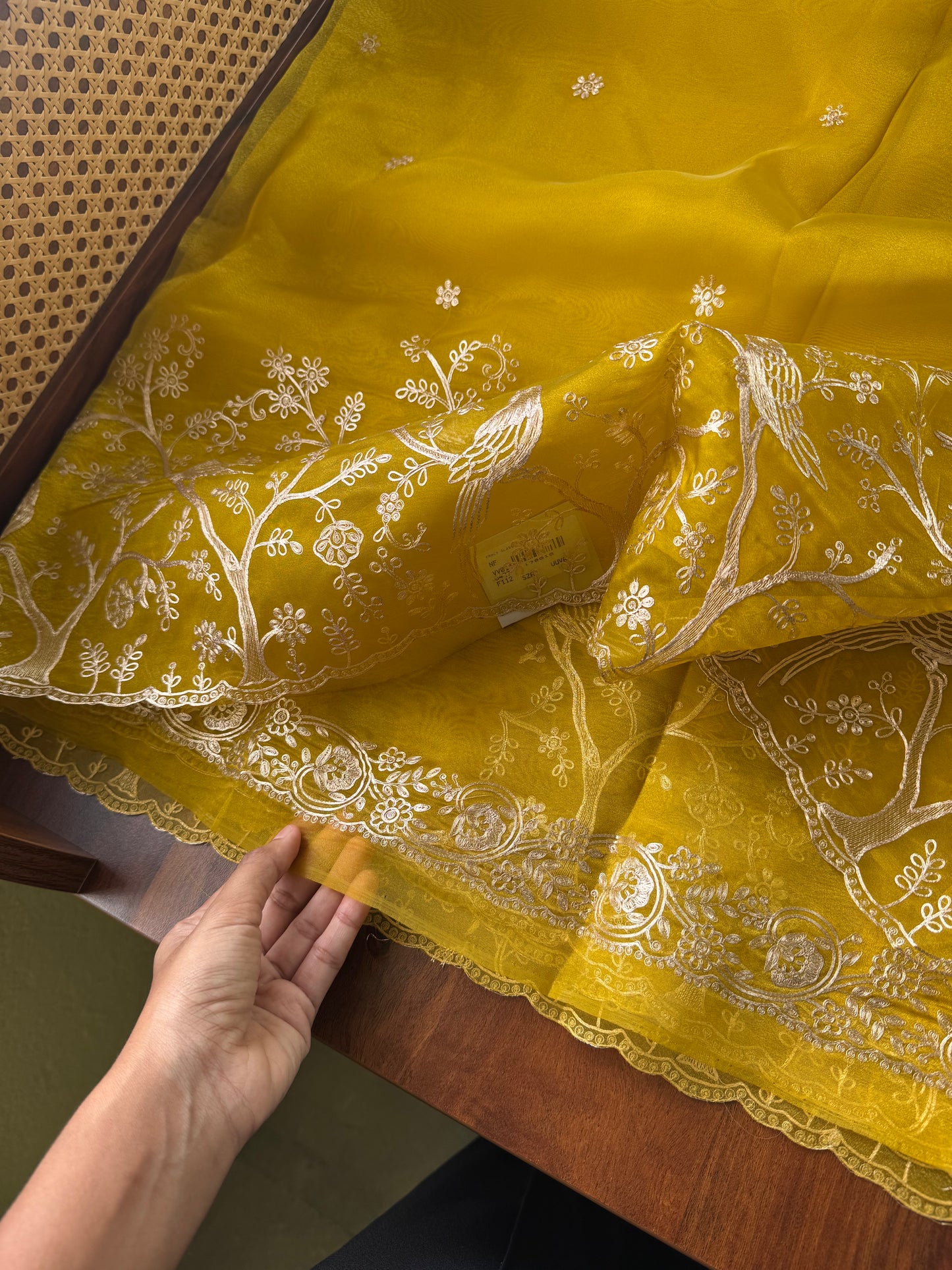 Tissue Organza Saree with pita work - Yellowish Green