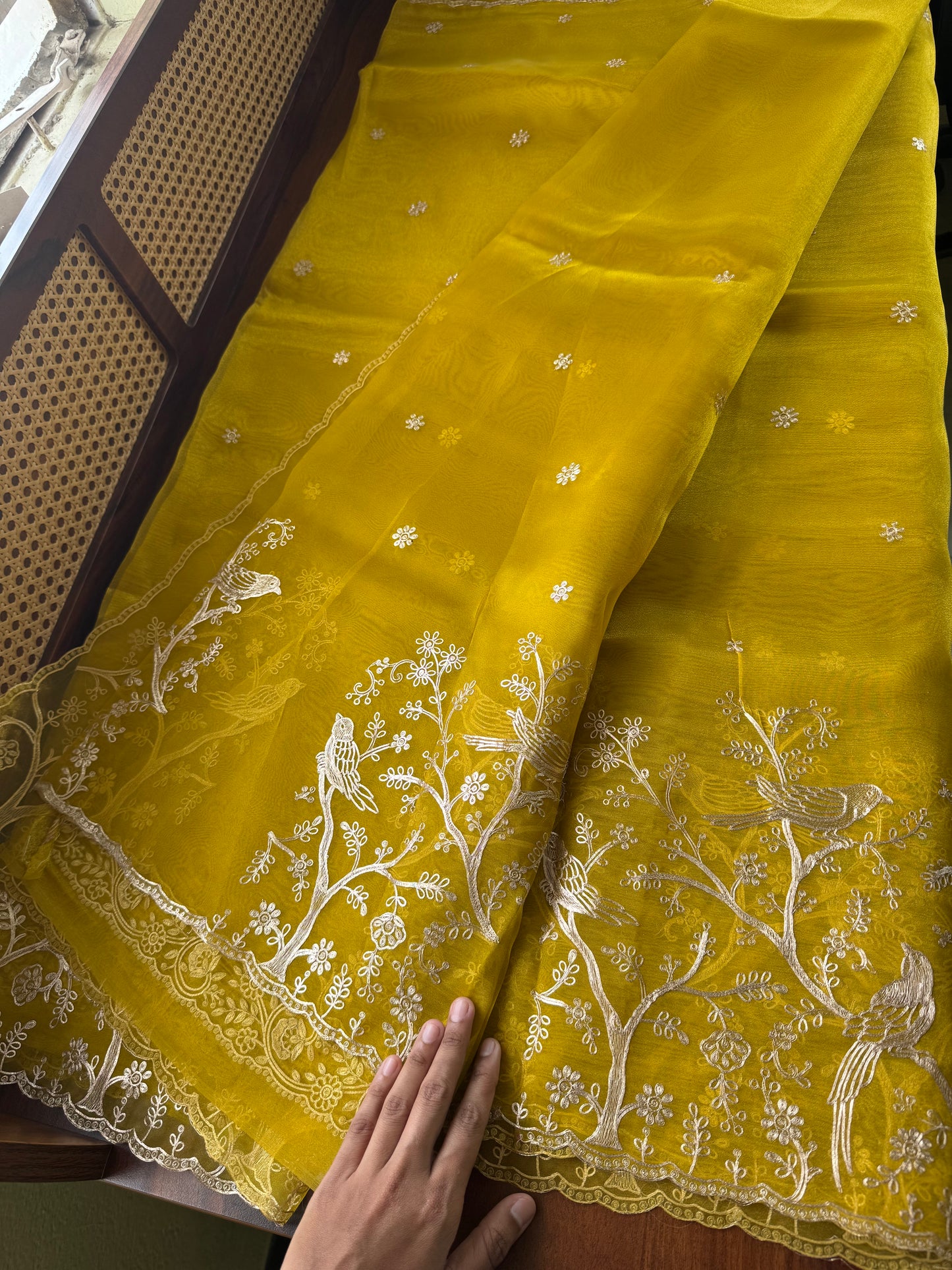Tissue Organza Saree with pita work - Yellowish Green