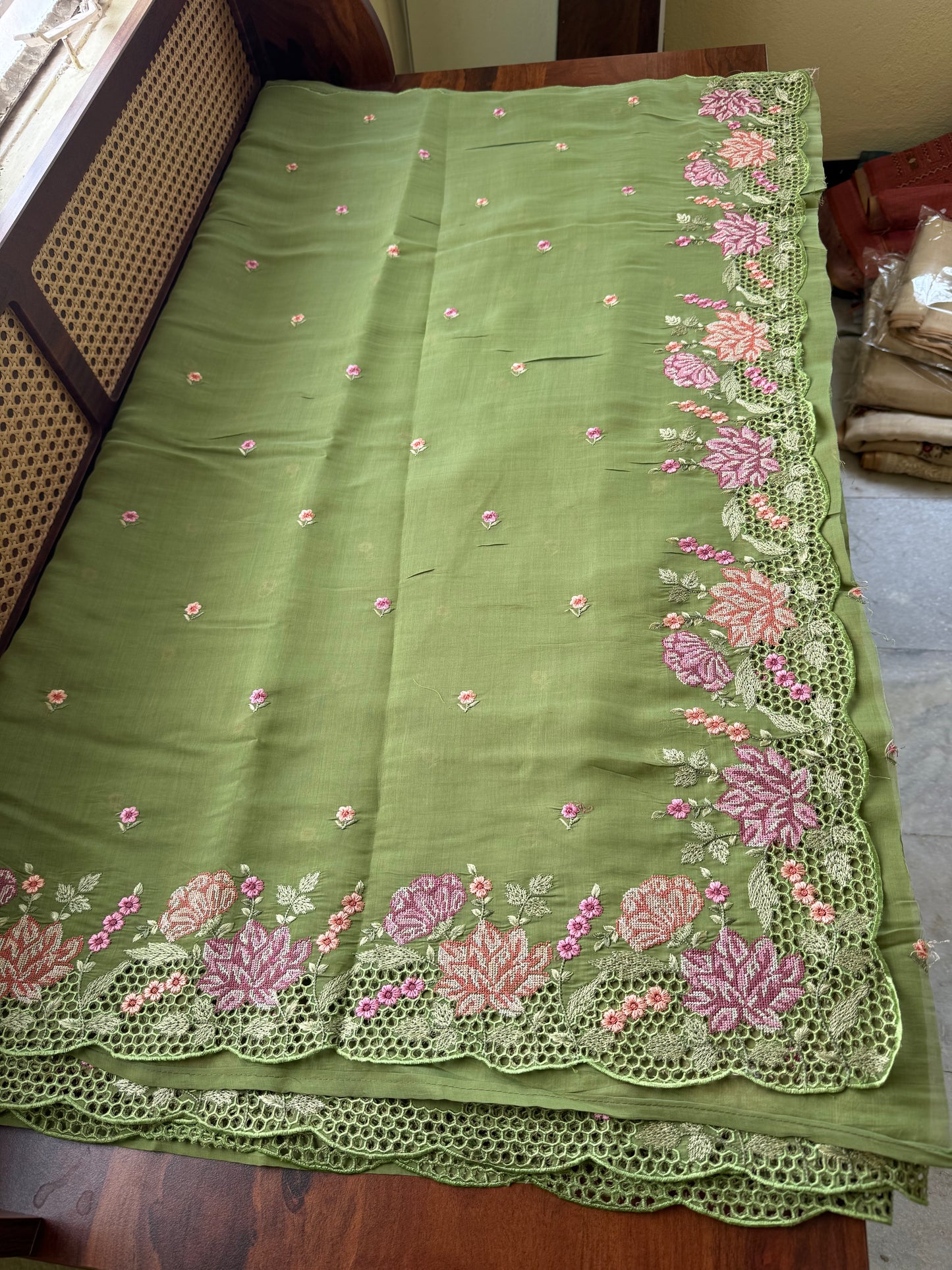 Cutwork Mul Chanderi Saree - Green