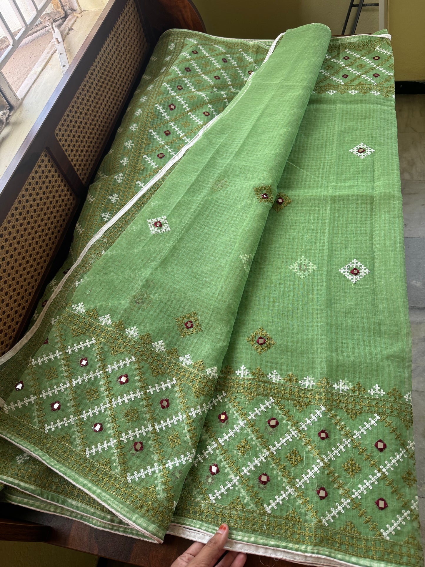 Embroidered Resham Silk Kota Saree - Green