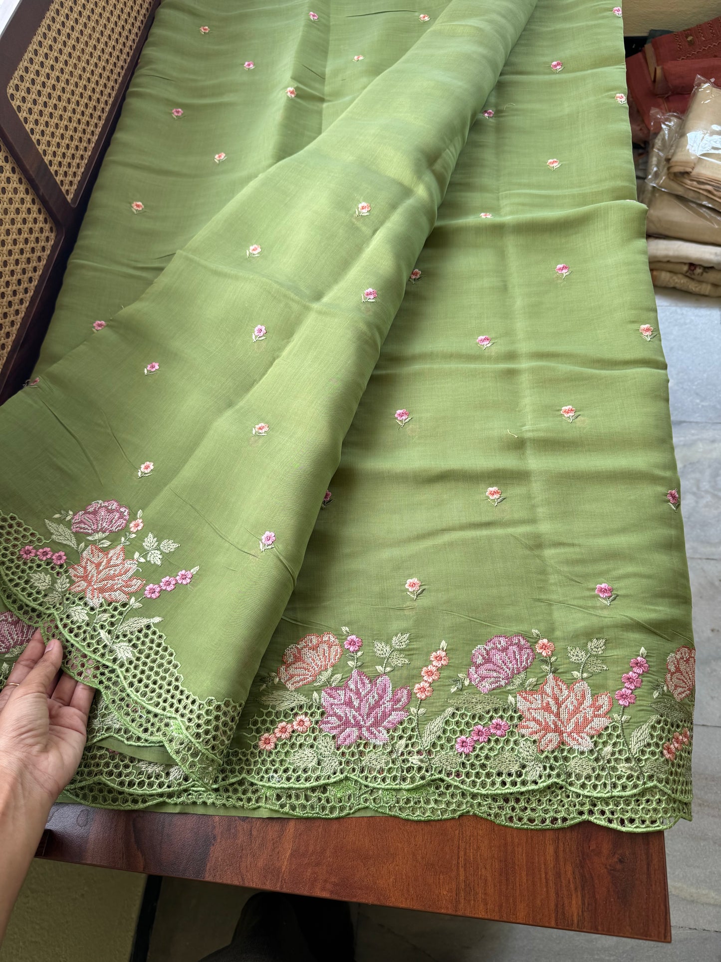 Cutwork Mul Chanderi Saree - Green