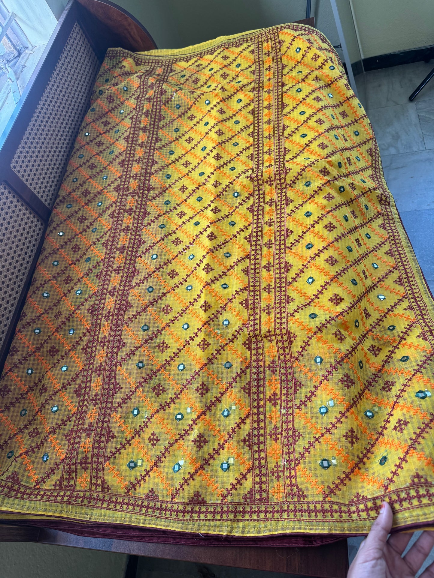 Embroidered Resham Silk Kota Saree - Yellow