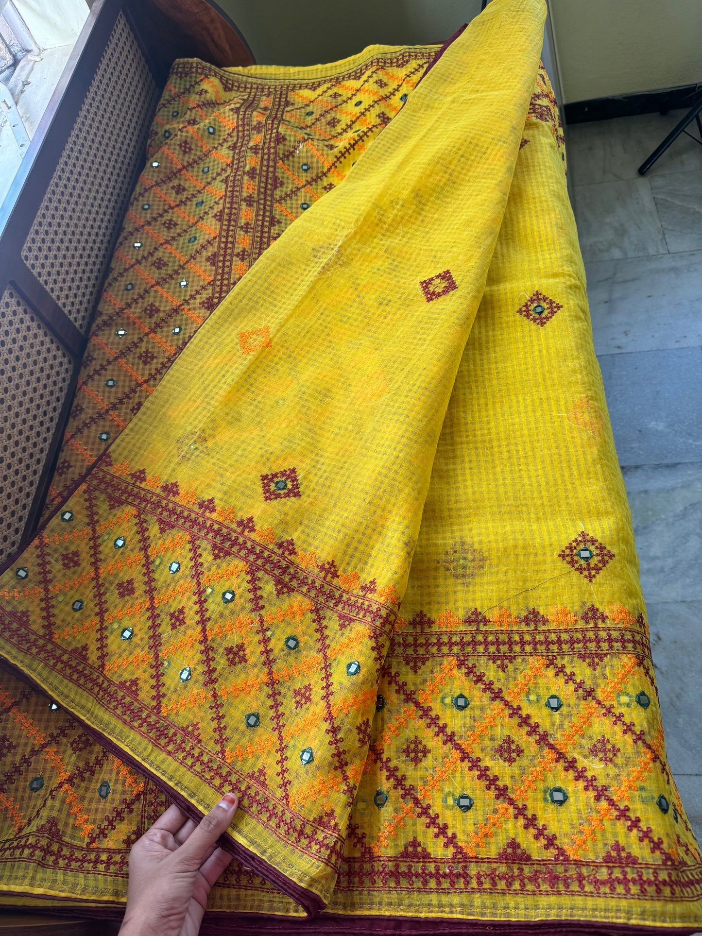 Embroidered Resham Silk Kota Saree - Yellow