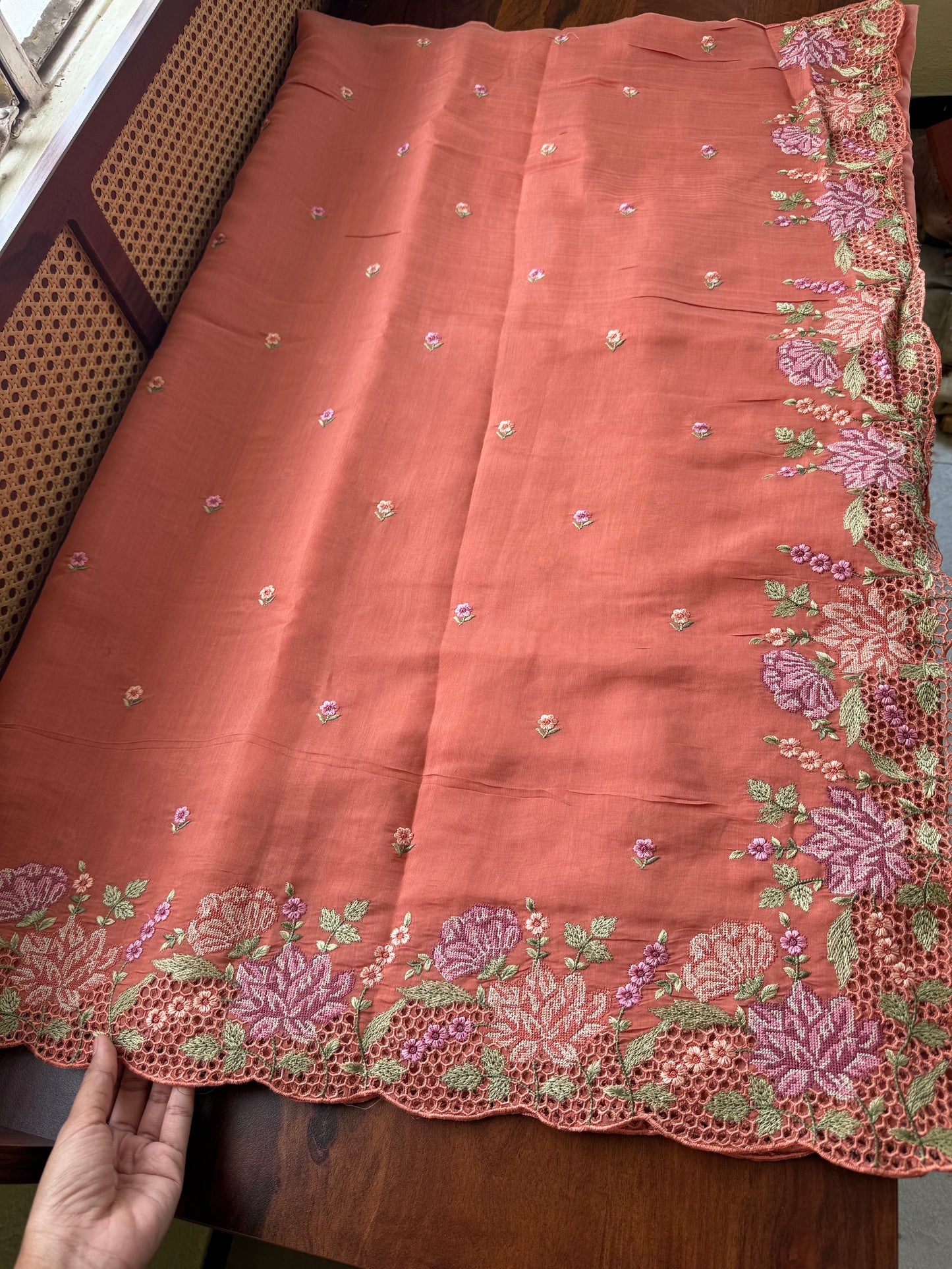 Cutwork Mul Chanderi Saree - Peach