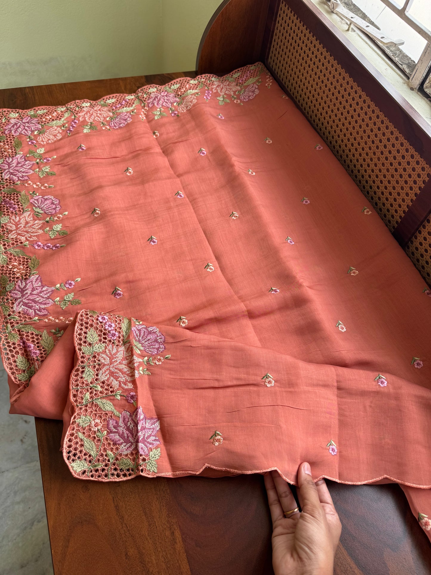 Cutwork Mul Chanderi Saree - Peach