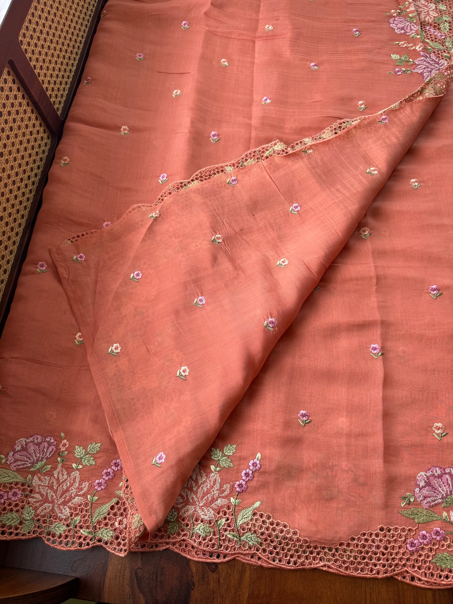 Cutwork Mul Chanderi Saree - Peach