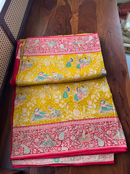 Radhe Krishna Georgette Banarasi Saree - Yellow & Red