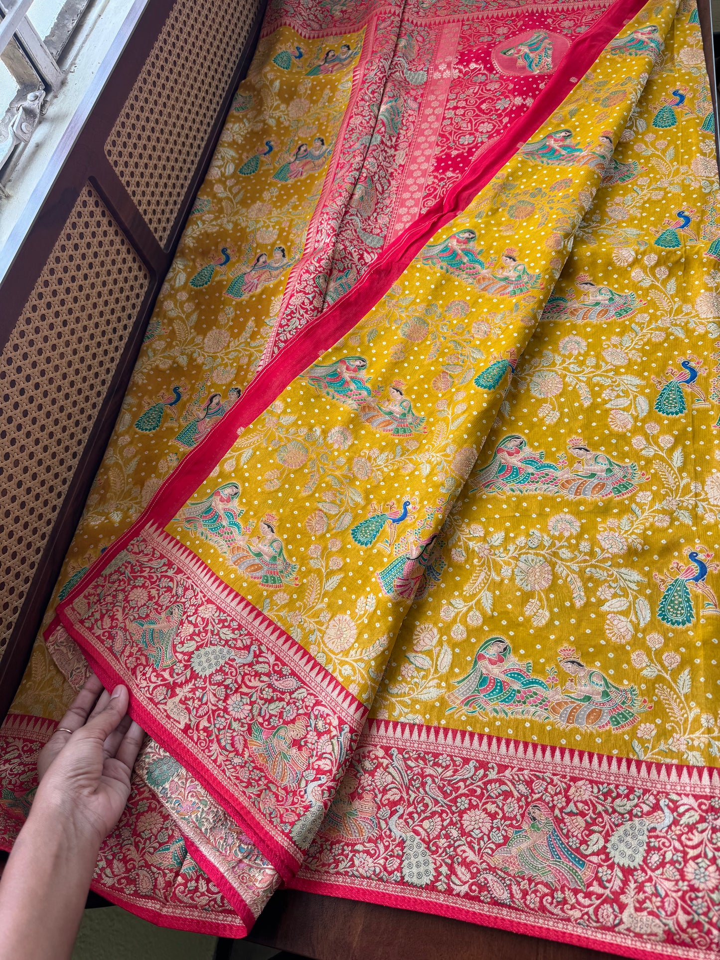 Radhe Krishna Georgette Banarasi Saree - Yellow & Red
