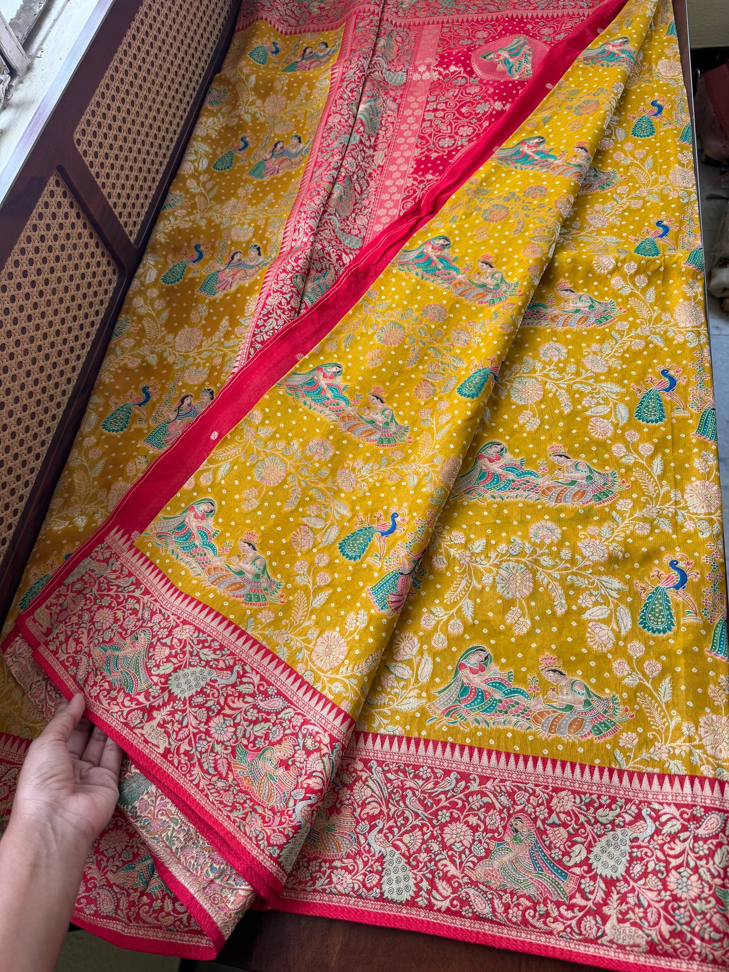 Radhe Krishna Georgette Banarasi Saree - Yellow & Red