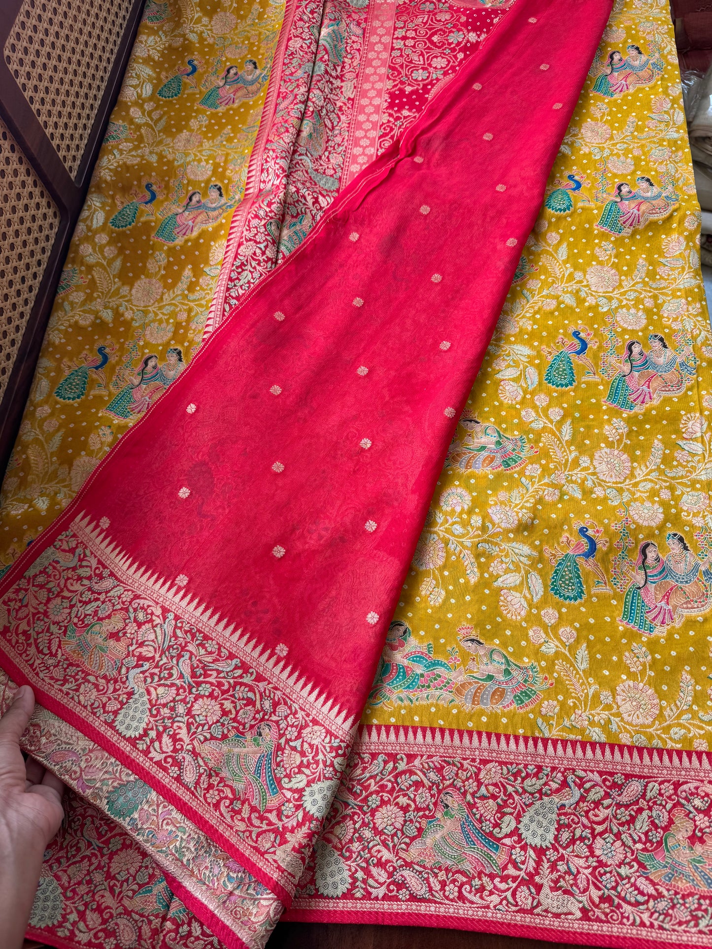 Radhe Krishna Georgette Banarasi Saree - Yellow & Red