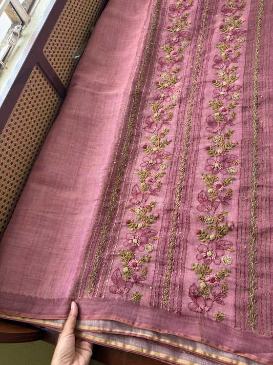 Premium Tissue Linen Sarees with heavy blouse - Pink