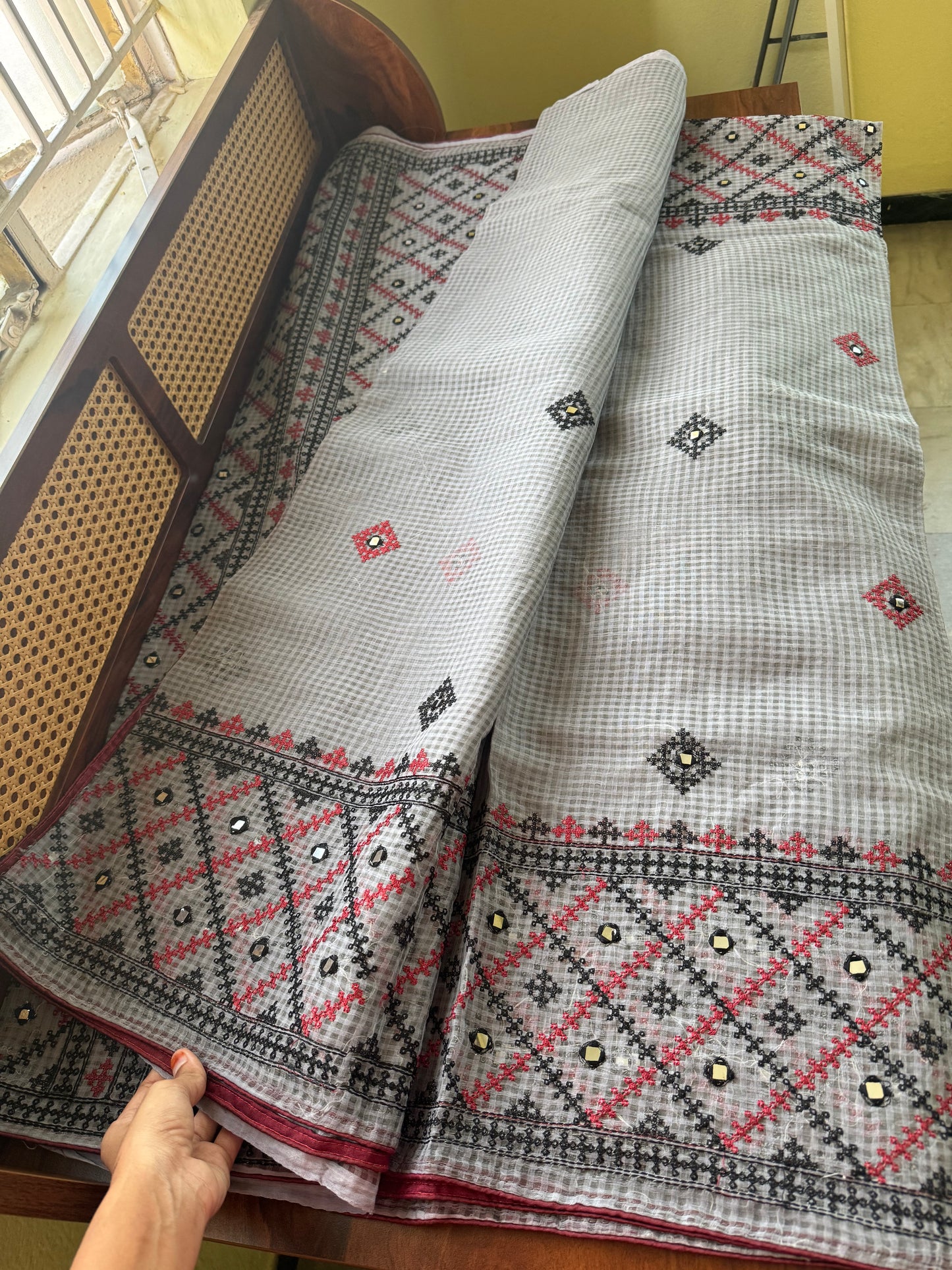 Embroidered Resham Silk Kota Saree - Grey
