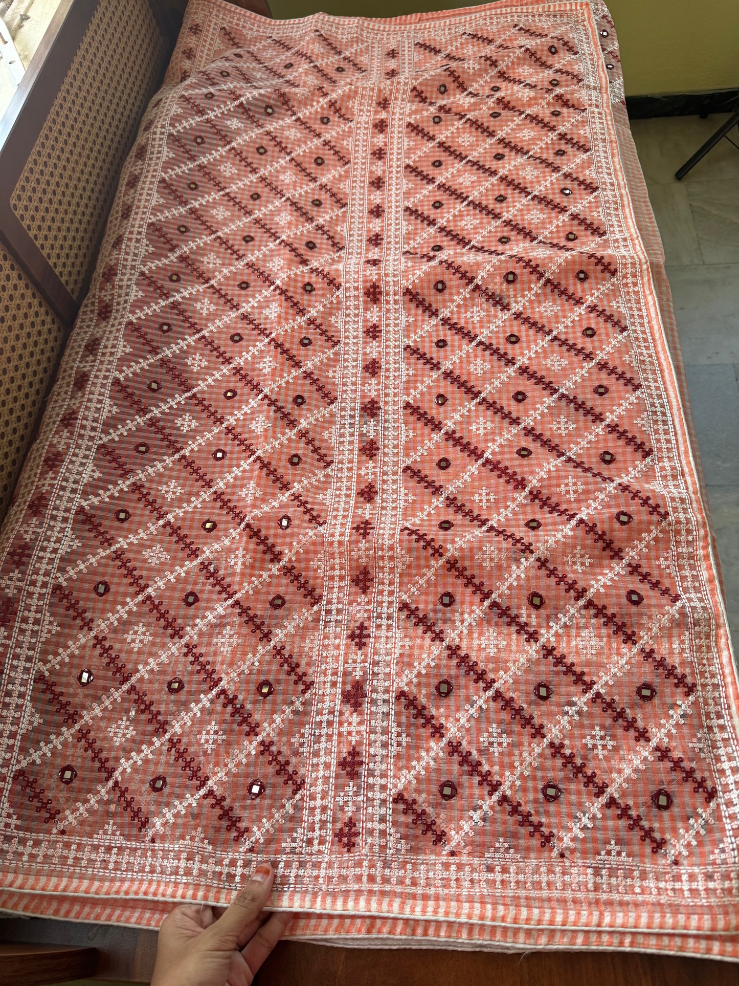 Embroidered Resham Silk Kota Saree - Peach