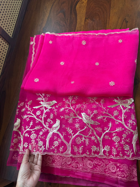 Tissue Organza Saree with pita work - Hot Pink