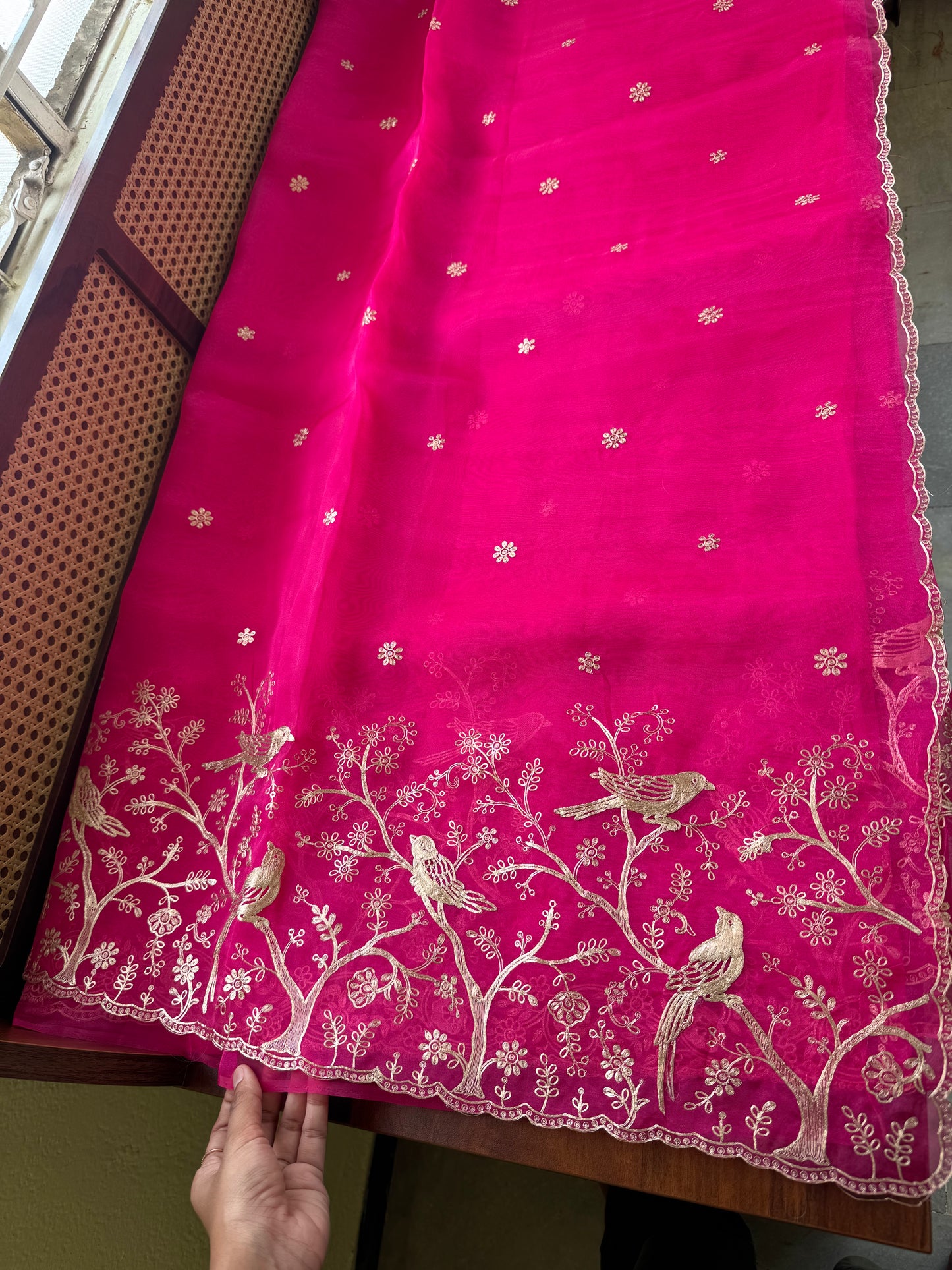 Tissue Organza Saree with pita work - Hot Pink