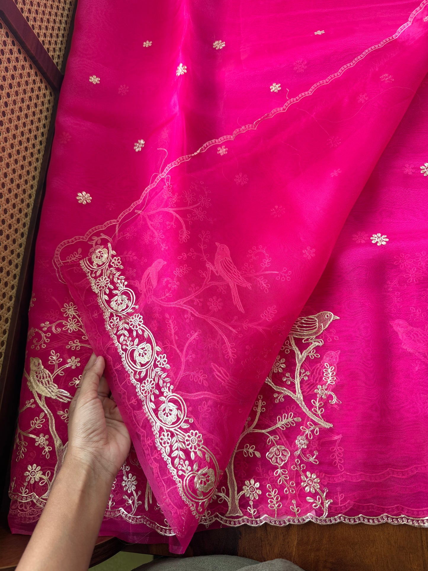 Tissue Organza Saree with pita work - Hot Pink