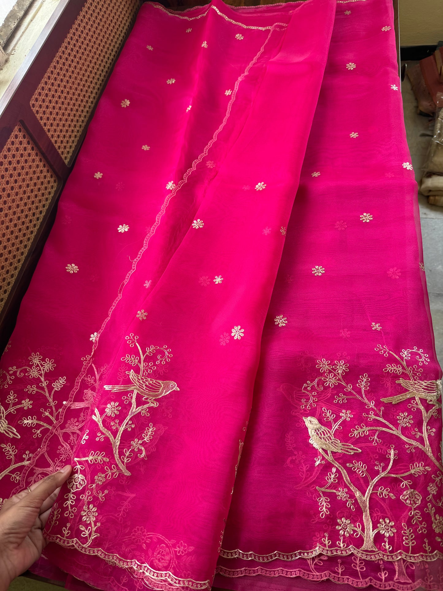 Tissue Organza Saree with pita work - Hot Pink