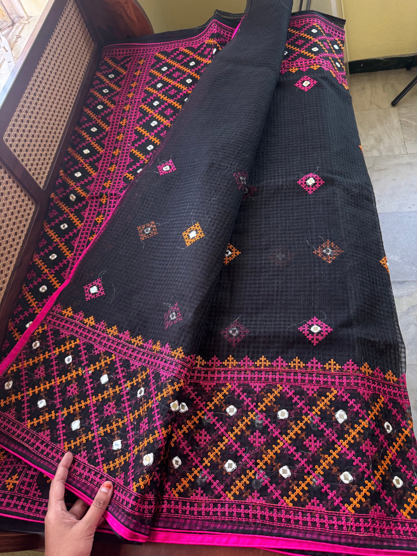 Embroidered Resham Silk Kota Saree - Black