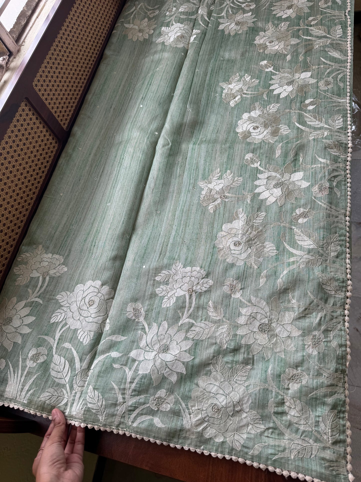 Embroidered Tussar Blend - Pastel Green