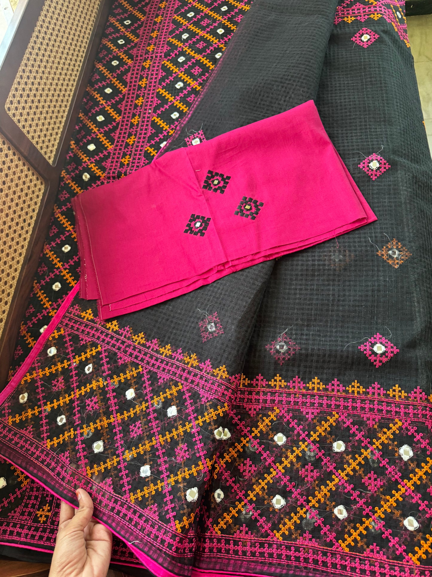 Embroidered Resham Silk Kota Saree - Black
