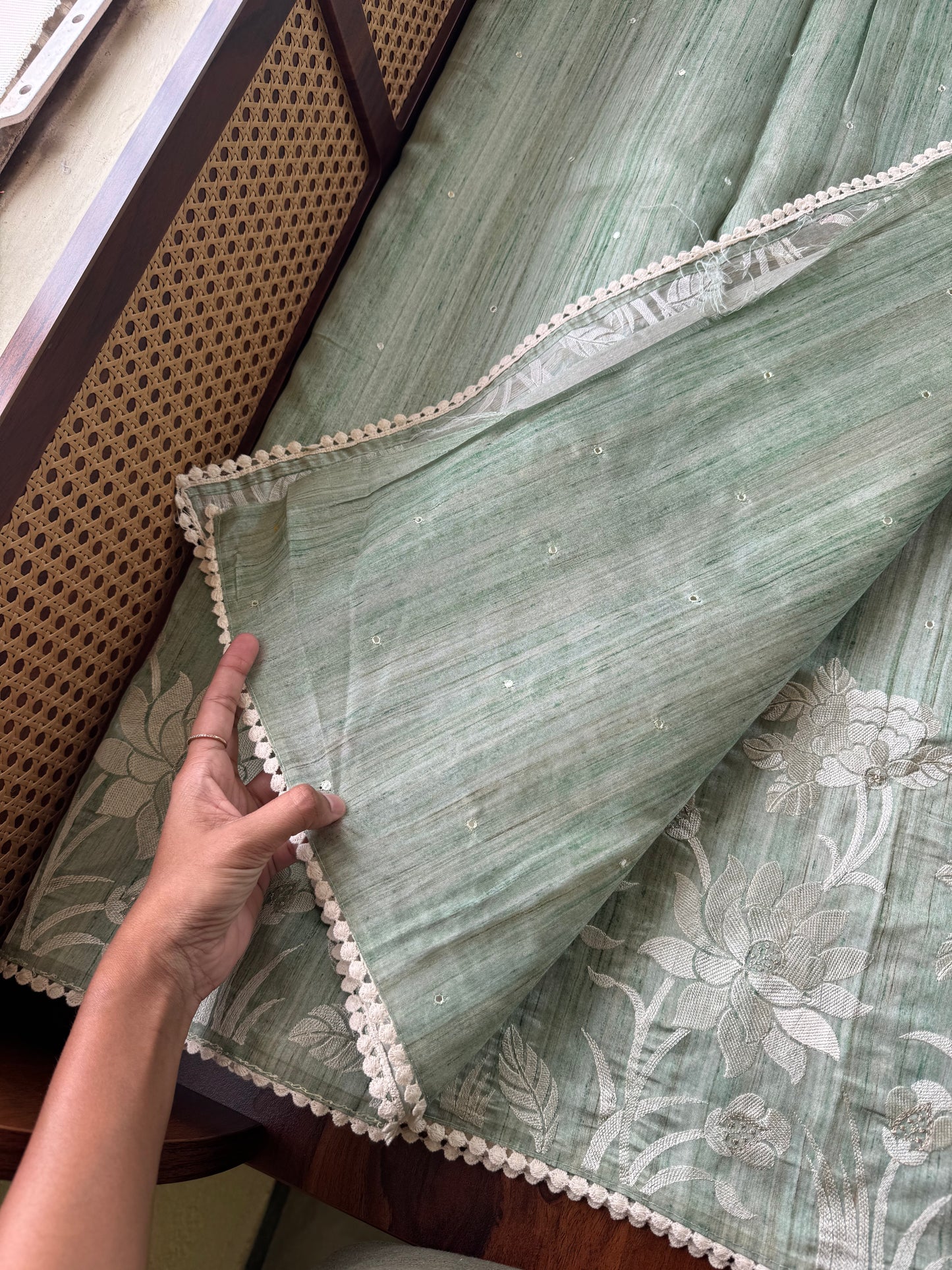 Embroidered Tussar Blend - Pastel Green