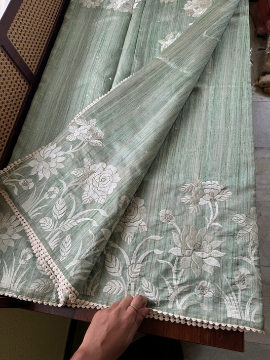 Embroidered Tussar Blend - Pastel Green