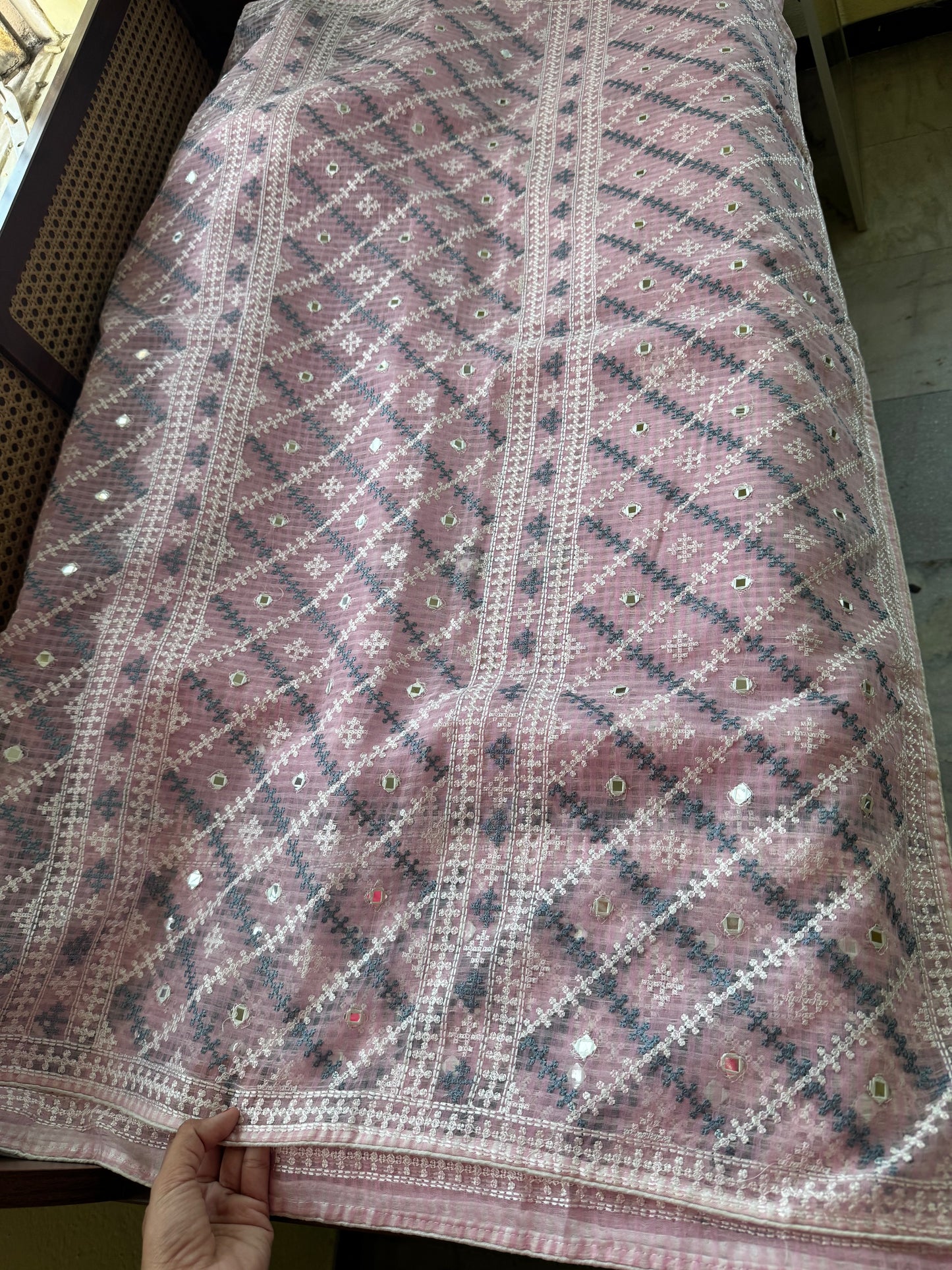 Embroidered Resham Silk Kota Saree - Baby Pink & Grey