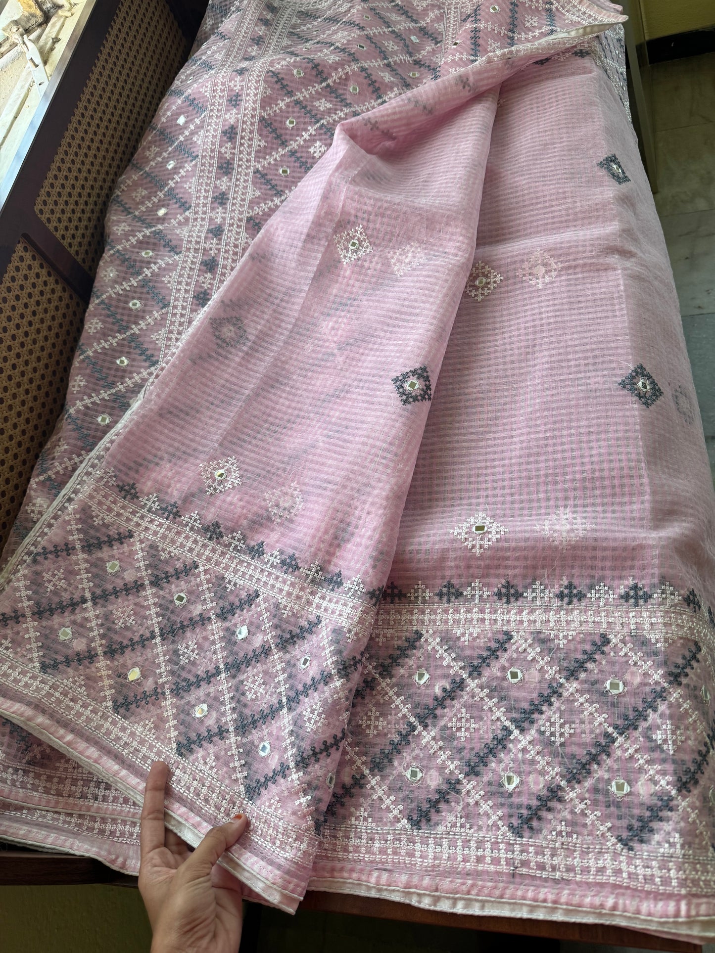 Embroidered Resham Silk Kota Saree - Baby Pink & Grey