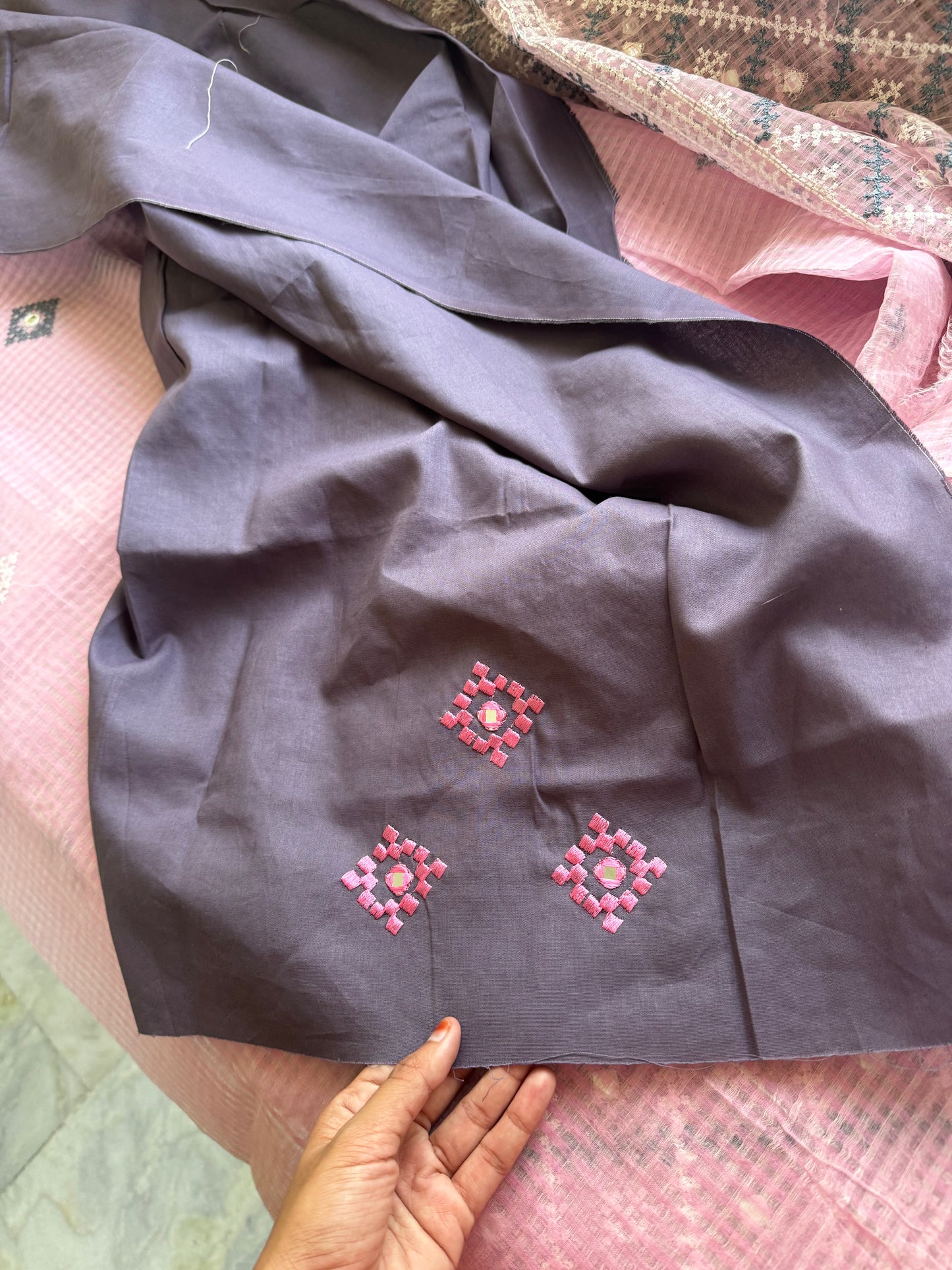 Embroidered Resham Silk Kota Saree - Baby Pink & Grey