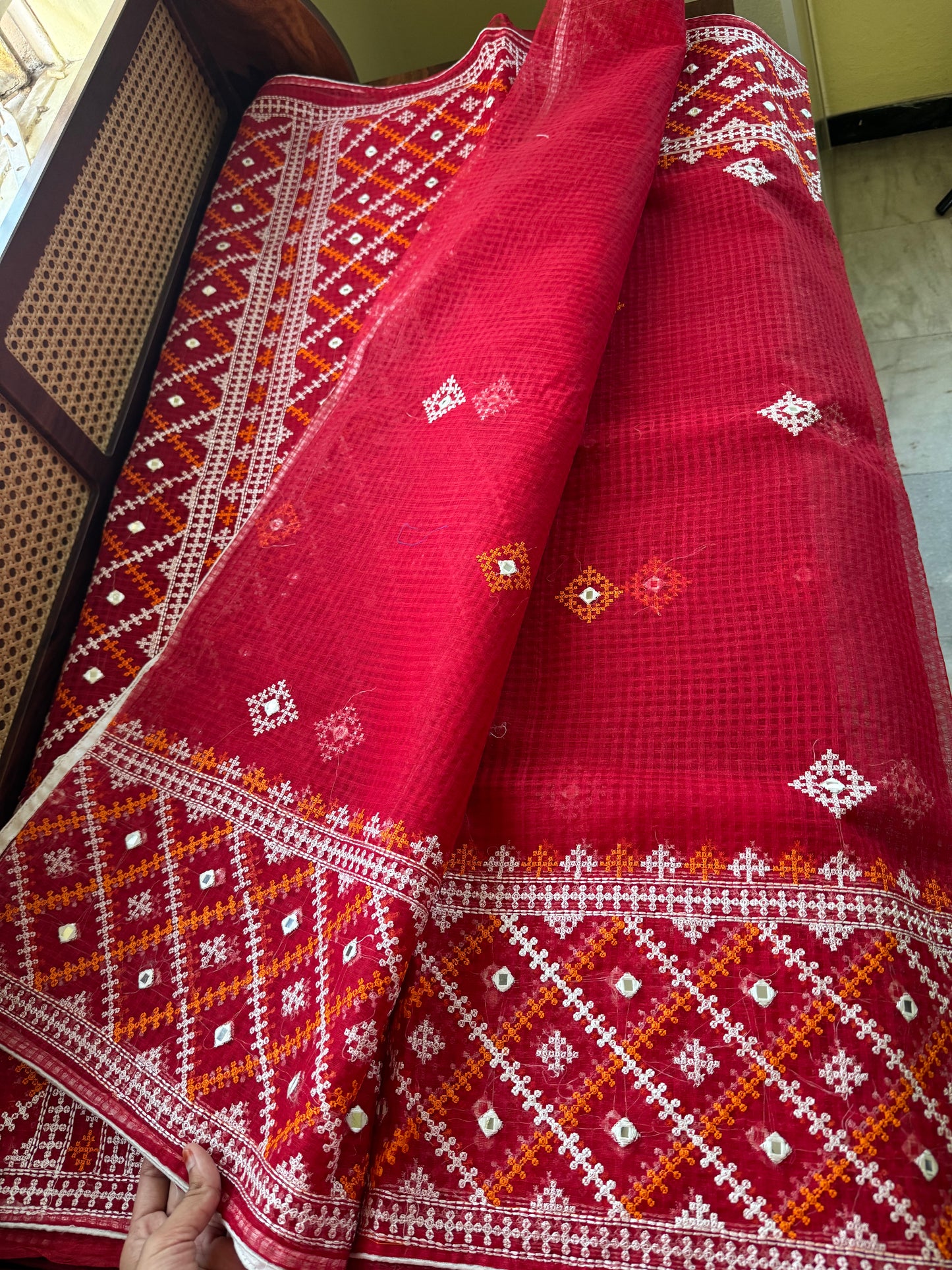 Embroidered Resham Silk Kota Saree - Red