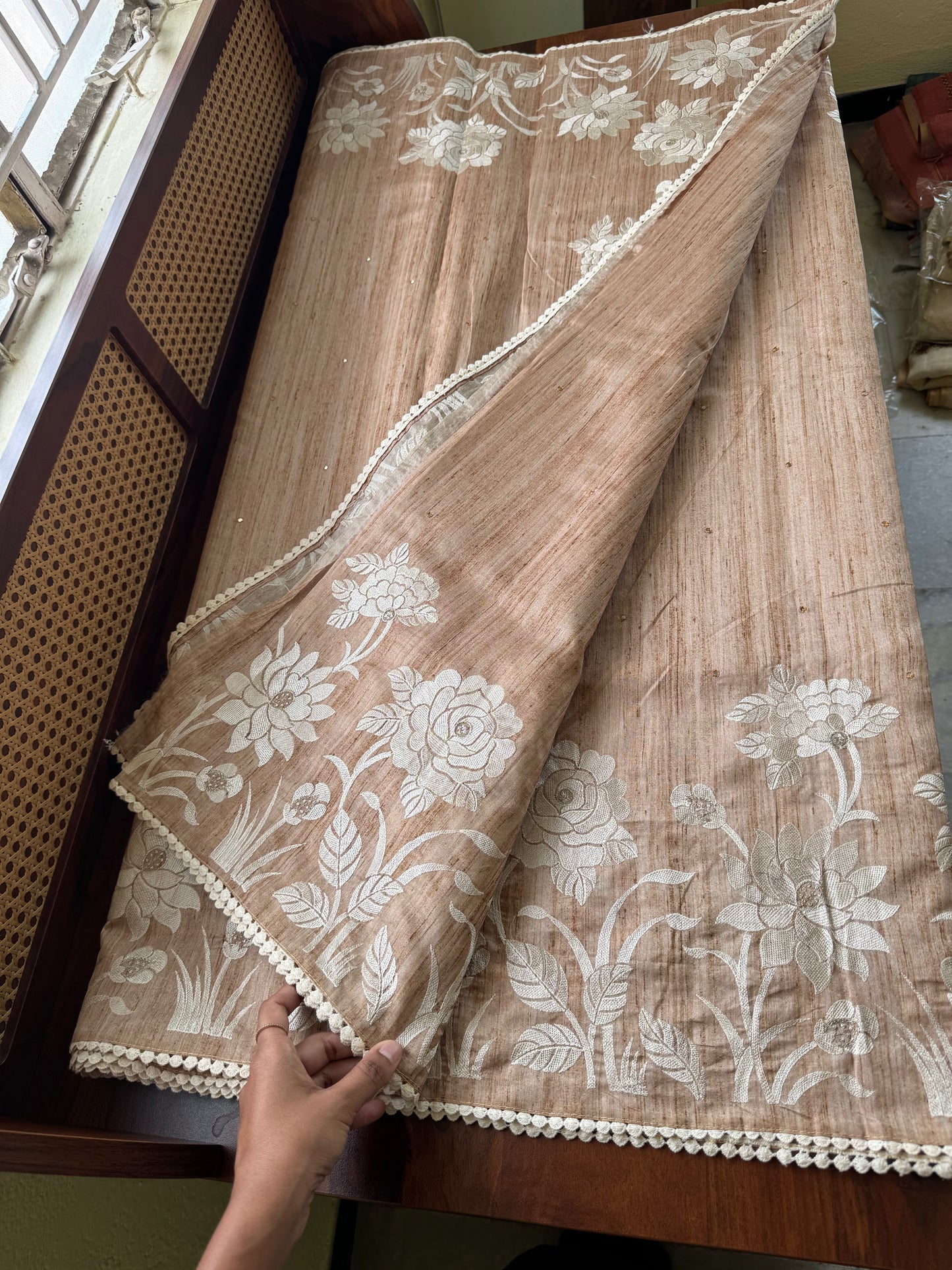 Embroidered Tussar Blend - Pastel Mustard