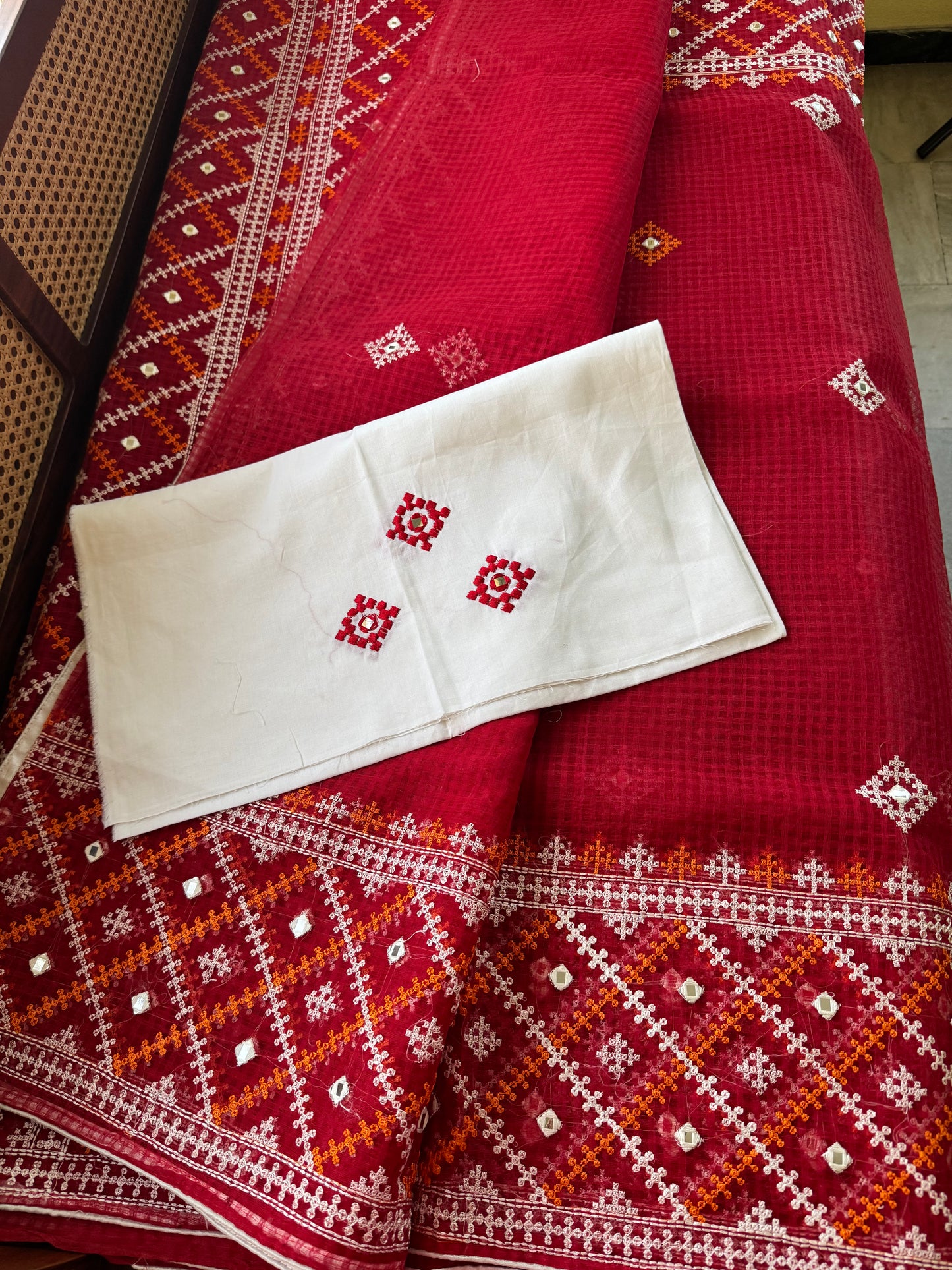 Embroidered Resham Silk Kota Saree - Red
