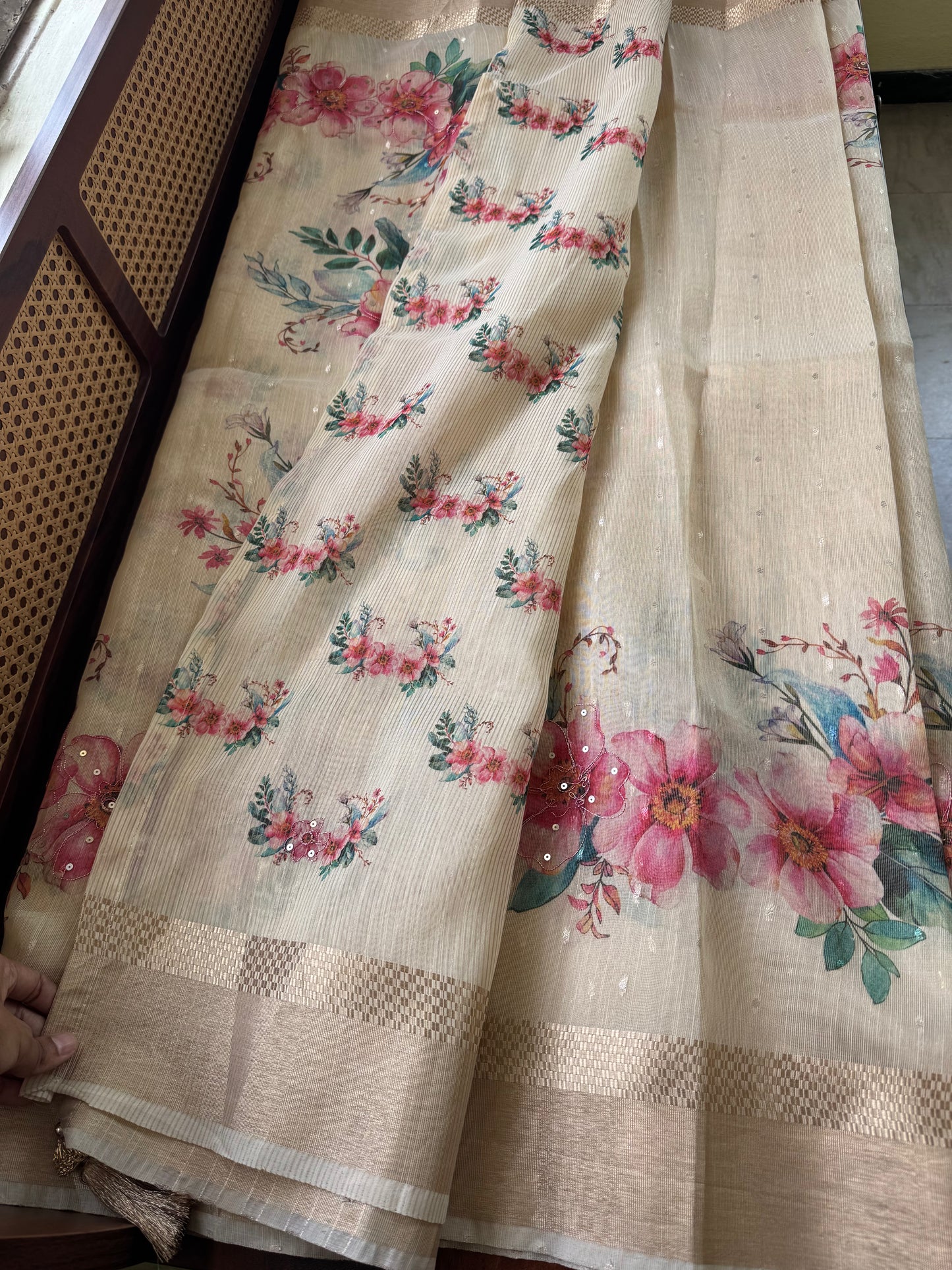 Chanderi Floral Tissue Saree - Cream