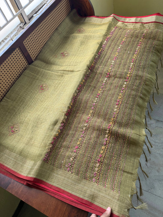 Premium Tissue Linen Sarees with heavy blouse -Green