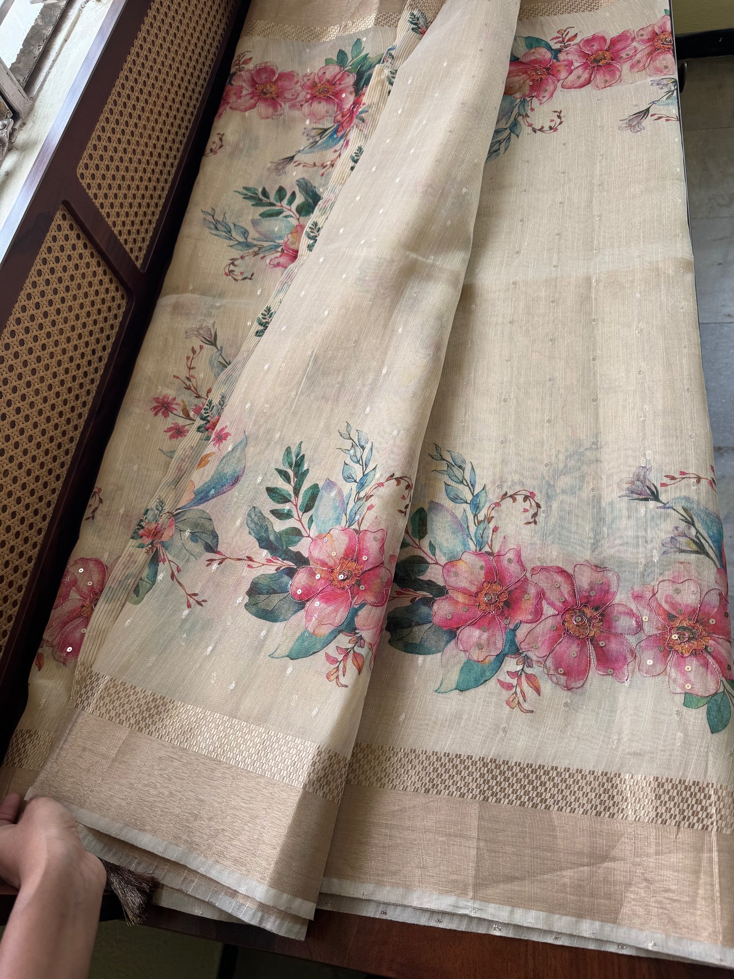 Chanderi Floral Tissue Saree - Cream